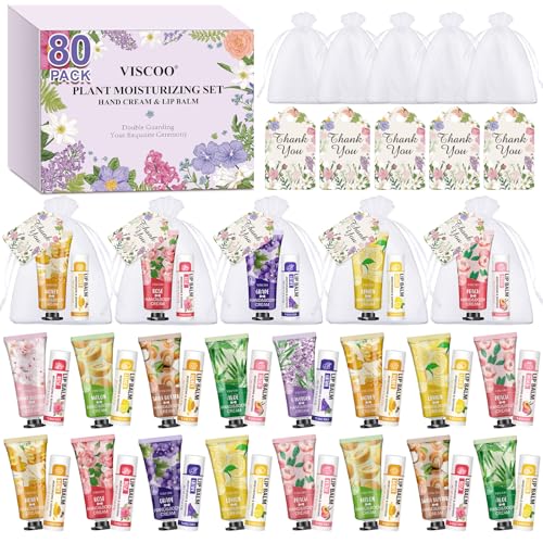 80 Sets Hand Cream Bulk and Lip Balm Bulk Gifts, Stocking Stuffers for Women Teengirls, Christmas Gifts,Bridesmaid Gifts for Guests with Thank You Card Organza Bags,Thank You Gifts, Small Gifts