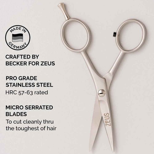 ZEUS Stainless Steel Beard Trimming Scissors with Leather Case, Facial Hair Clipping Tool for Barber Quality Beard & Mustache Trim (Made In Germany)