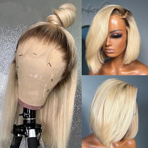 Ombre Blonde Bob Wig Human Hair Glueless 13x4 Lace Front Wigs Bleached Knots Pre Plucked Dark Roots 1B613 Blunt Cut Bob Wigs with Baby Full 180% Density Lace Frontal Wigs Middle Part 12¡±