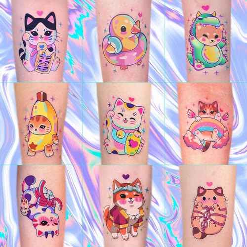 Konsait 50 Sheets Anime Tattoos, Cartoon Mixed Style Cat Tattoos, Individually Wrapped, Watercolor Cat Temporary Tattoos Cat Party Favors Cat Birthday Party Supplies