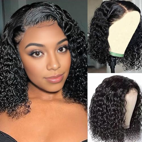 JCL Glueless Wigs Human Hair Pre Plucked Pre Cut 10 Inch Curly Human Hair Wig 4x4 HD Lace Closure Wigs Glueless Wear and Go Bob Wig Human Hair for Black Women Deep Wave Lace Front Wigs