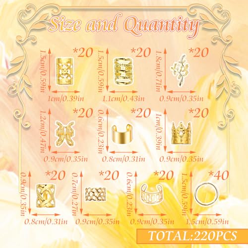 220PCS Gold Hair Jewelry Dreadlock Cuffs Braids Clips Metal Hair Cuff Rings Loc Charms Hair Beads Decorations Accessories for Women