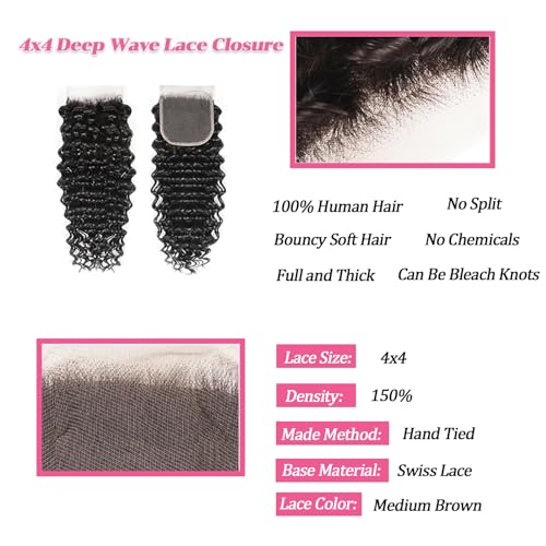 Deep Wave Bundles Human Hair With Closure 14 16 18 with14 inch 10A Unprocessed Brazilian Deep Curly Bundles Human Hair With 4x4 Lace Closure Natural Color Wet and Wavy Bundles