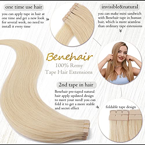 Benehair Tape in Hair Extensions Human Hair Blonde 20pcs 50g/pack Straight Hair Extensions Seamless Skin Weft Tape in Natural Hair for Women (22", 613 Bleach Blonde)