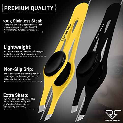 Professional Eyebrow Tweezers Slanted Tip Stainless Steel 2,3xPcs Set, Non-Slip Grip Slant Tip Tweezers for Facial Hair, Plucking Removing Ingrown Hairs, Tweezer for Women Men (Black&Yellow)