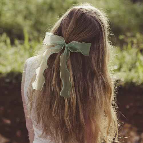 2Pcs Large Bow Hair Ties, Light Green Organza Ribbon Bow Hair Scrunchies for Women, Elegant Long Tail Bowknot Ponytail Holder French Hair Accessories for Wedding, Parties, Festivals
