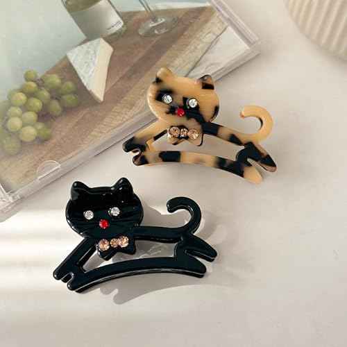 1pcs Cute Cat Hair Claw Clips With Rhinestone Design - Black Barrettes for Thick and Thin Hair - Medium Acrylic Accessories for Women - Autumn Winter Decoration