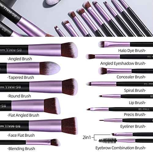 BS-MALL Makeup Brushes Premium Synthetic Foundation Powder Concealers Eye Shadows 14 Pcs Purple for Makeup Beginner or Professional with Travel Case