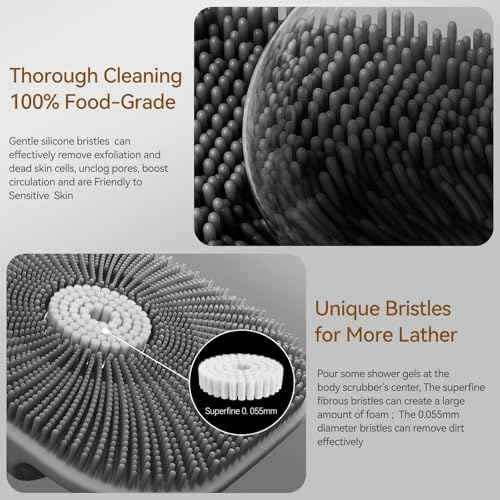 Zinc Infused Silicone Body Scrubber for Men, New Upgrade Deep Exfoliating Body Scrubber for Shower, Silicone Loofah Men for Sensitive Skin with Lathering Bristles and Ergonomic Non-Slip Handle (Gray)