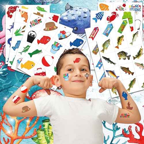 96 PCS Gone Fishing Fish Pre-Cut Temporary Tattoos for Kids Birthday Theme Party Supplies Decorations Favors Decor Cute Little Nautical Fisherman Tattoo Stickers Gifts for School Prizes Boys Girls