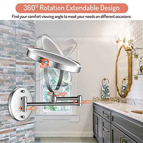 Rocollos Rechargeable Wall Mounted Lighted Makeup Mirror Chrome, 8 Inch Double-Sided LED Vanity Mirror 1X/10X Magnification,3 Color Lights Touch Screen Dimmable 360¡ÆSwivel 13 Inch Extendable