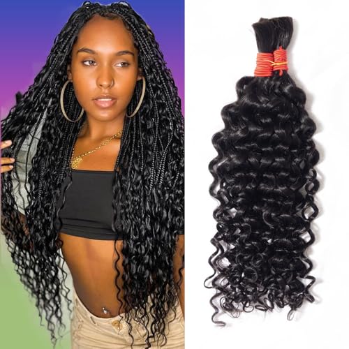 YOMIO Human Braiding Hair 28 Inch 100g (1Pack-2Bundles) Water Wave Human Hair Bulk for Braiding No Weft Bundle Virgin Curly Human Hair Bulk for Boho Braids Wet and Wavy Natural Black Color