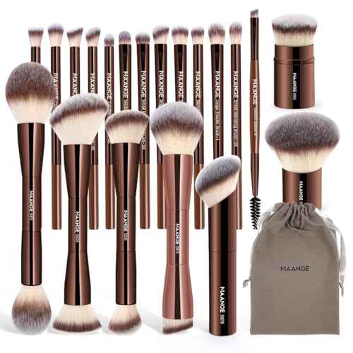 MAANGE 20 PCS Foundation Makeup Brush Set, Double-ended Kabuki Contour Brush for Liquid Powder Concealer Blending Blush Face Makeup Tools (Coffee)