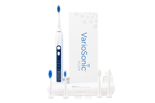 PRO-SYS® VarioSonic Plus+ Professional Electric Toothbrush Full Kit, Rechargeable Powered Toothbrush with Travel Case, 5 Brush Heads, 5 Modes, Extra Long Battery, Pressure Sensor and Timer (White)