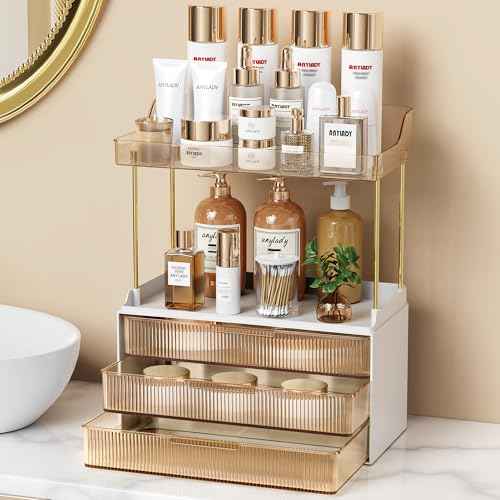 Bathroom Organizers and Storage, Makeup Organizer (Sturdy Durable Attractive), Ideal for Vanity, Countertop, Counter, Perfume, Skincare, Cabinet, Cosmetic, Dresser Organizer (Gold)