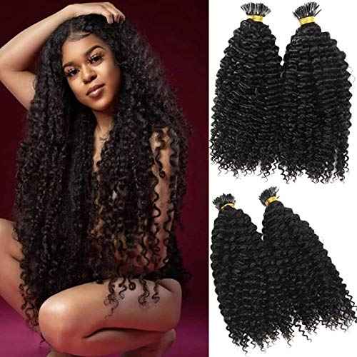 Long Kinky Curly Pre Bonded Fusion I Tip Human Hair Extension Mongolian Human Hair I Tip Hair Extensions 100g/100 strands (22inch 100Strands, #Natural Color)
