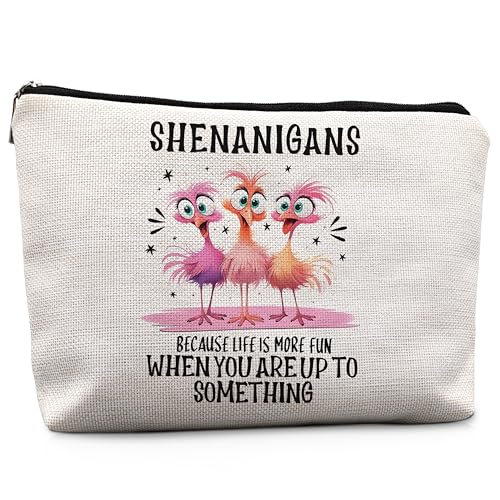 Funny Pink Flamingo Makeup Bag, Flamingo Gifts for Women, Pink Flamingo Gifts, Shenanigans Because Life is More Fun When You Up to Something Cosmetic Bags Toiletry Bag