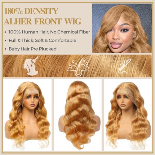 ALHER #27 Honey Blonde Lace Frontal Wig Human Hair Body Wave 180% Density, Blonde Colored 13x4 HD Lace Front Wig Pre Plucked With Baby Hair Ear to Ear, 100% Virgin Remy Hair for Black Women 22 IN