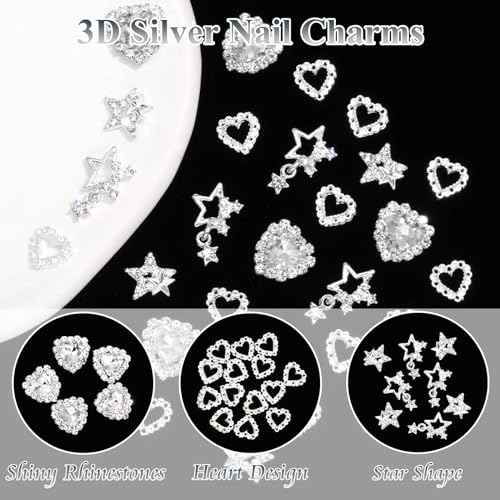 30PCS Star Nail Charms 3D Crystal Heart Nail Charms Alloy Silver Nail Charms Shiny Starlight Nail Gems and Charms Jewelry Rhinestones for Women Nail Art and DIY Crafts Decoration