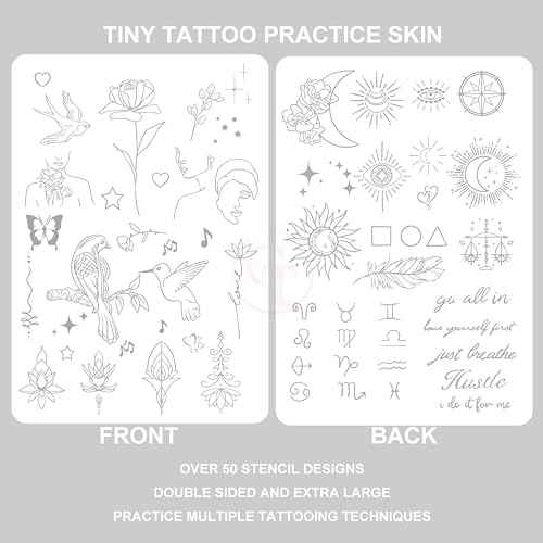 White Tattoo Practice Skin, Double-Sided 1.5MM Realistic Fake Skin for Fine Line & Stencil Training, 50+ Pre-Printed Designs, Reusable Tattoo Training Pads for Beginners & Artists