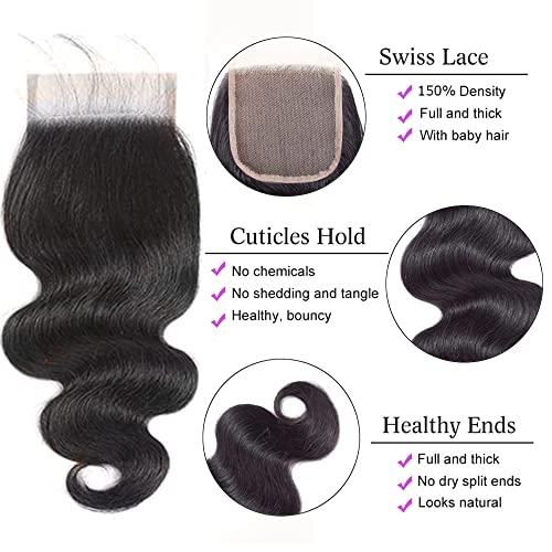 Bundles with Closure Human Hair Body Wave 100% Unprocessed Brazilian Virgin Hair Bundles with Closure£¨16 18 20+14£©Hair Extensions with 4x4 Free Part Lace
