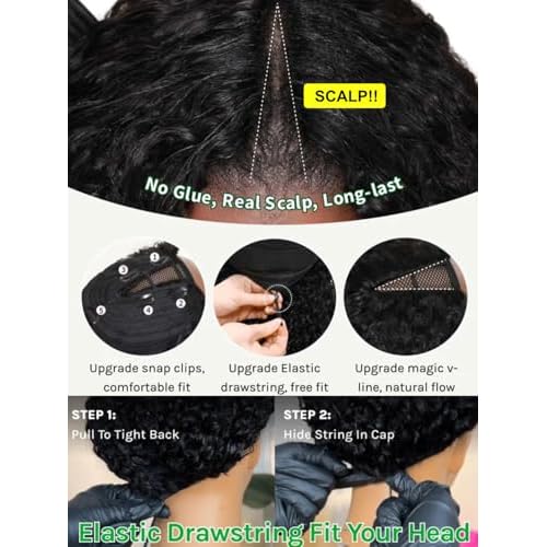 Sunber EasiContour V Part Curly Human Hair Wigs Ombre Brown with Drawstring Glueless 180% Density Upgrade No Leave Out Vpart No Gel Beginner Friendly Clip in Vpart Curly Wigs 14Inch