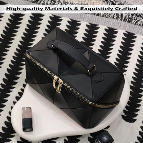 IMCUZUR Travel Makeup Bag Large Cosmetic Bag for Women, Open Flat Make up Bag Portable Skincare Bag with Handle (Black)