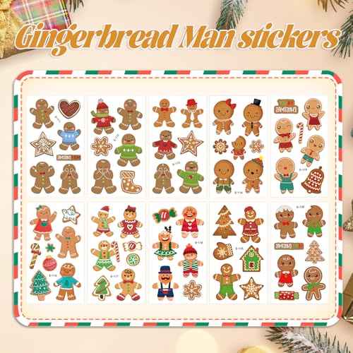 HOWAF 60+Pcs Christmas Gingerbread Temporary Tattoos Stickers for Kids,Funny Gingerbread Man Tattoos for Christmas Party Favor, Xmas Gingerbread Santa Claus Prizes Themed