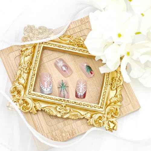 24Pcs Cute Christmas Press on Nails Medium Square French Tip Fake Nails Candy Canes Christmas Tree Light Gift Design Full Cover Xmas Glue on Nails Winter False Nails Glitter Stick on Nail for Women