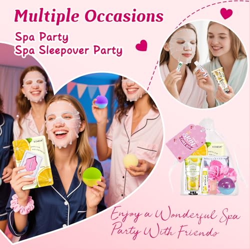 60PCS Spa Party Supplies for Girls, Include Face Masks, Hand Cream, Lip Balm, Foot Bath Bombs, Lip Mask, Under Eye Patches, Compressed Towels, Spa Birthday and Sleepover Party Supplies for Girls Women