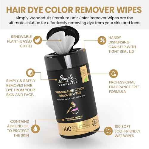 Simply Wonderful Hair Color Remover Wipes for Face & Skin - 100 Count Plant-Based Cloth Towlettes, Non-Irritating Almond Oil Infused for Skin Protection