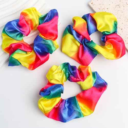 3PCS Rainbow Hair Scrunchies Pride Rainbow Hair Ring Elastic Velvet Hair Bands Ponytail Holders for Girls Women