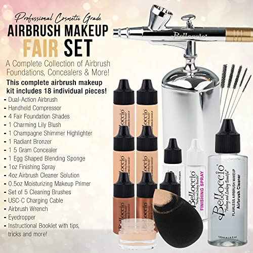 Belloccio Complete Cordless Handheld Airbrush Cosmetic Makeup System with 4 Fair Foundation Shades, Professional 18-Piece Kit, Moisturizing Primer, Blush, Bronzer, Highlighter, Concealer, User Guide