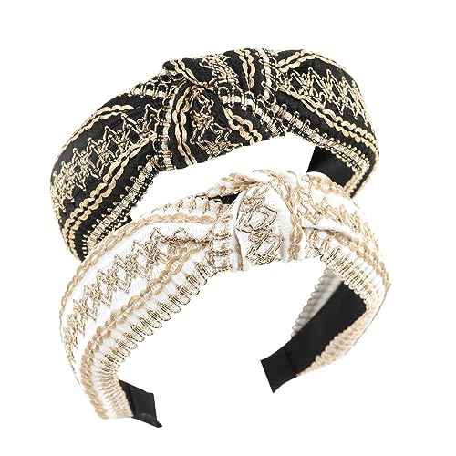 YISSION 2PCS Knotted Headbands for Women & Girls - Non Slip Wide Embroidery Boho Fashion Top Knot Headbands - Black & White Vintage Hair Accessories