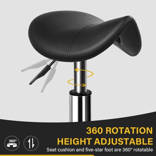 WKWKER Heavy Duty Saddle Rolling Stool With Wheels - Hydraulic Swivel Adjustable Chair, Ergonomic Thick Leather Seat for Kitchen, Drafting, Lab, Office, Salon, Message - Black