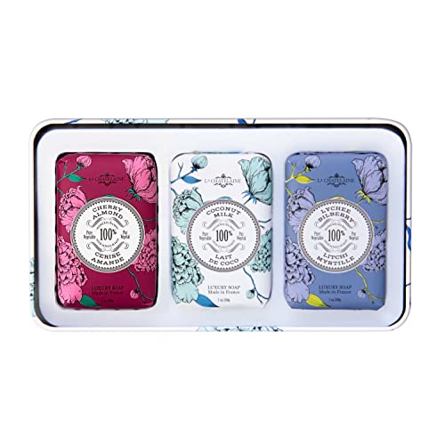 La Chatelaine Luxury Bar Soap Trio Gift Set Tin ? Winter White | Made in France | Natural and Organic Soap Bars | Shea Butter Formula | 3 x 7 oz / 200g (Cherry Almond, Coconut Milk, Lychee Bilberry)