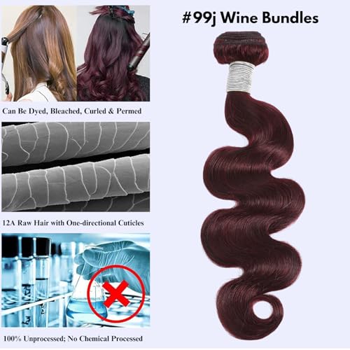 99j Dark Burgundy Body Wave Bundles Human Hair 26 Inch, 12A Soft And Shiny Red Wine Colored Bundles 100% Brazilian Virgin Remy Hair Sew In Weave Single Human Hair Bundle Chic #99j Color