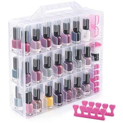 DreamGenius Nail Polish Organizer Case for 48 Bottles with 2 Nail Separators, Double Side Gel Nail Polish Holder with Adjustable Dividers, Clear