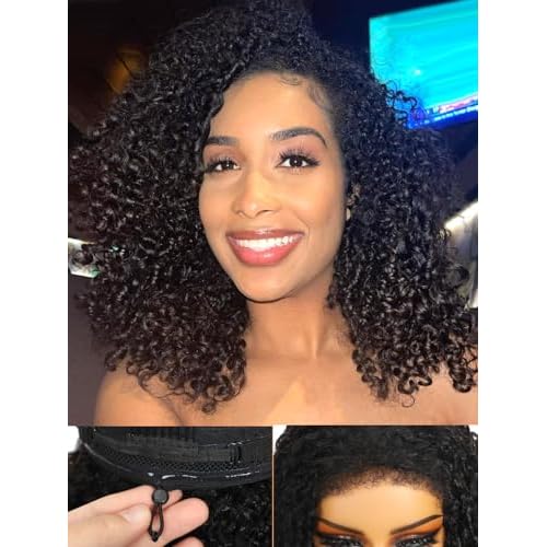 Burmese Curly Half Wig Human Hair 16 Inch 200% Density Invisible Flip Over Hairline Half Curly Wig Human Hair Headband Wigs for Black Women Drawstring Secure Fit Glueless Wigs Beginner Friendly