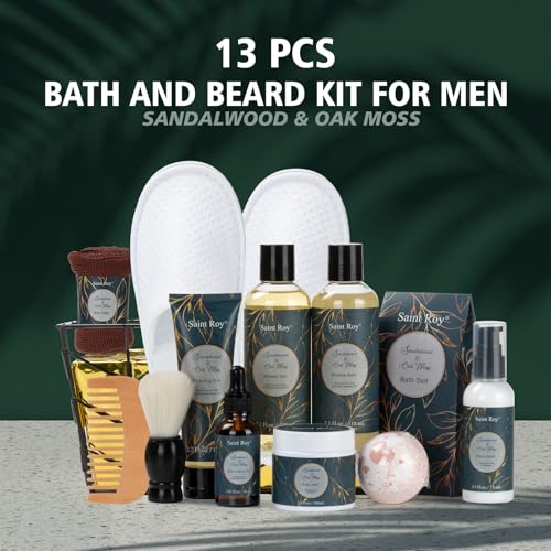 Fathers day gift baskets Birthday Day Gifts for Him Spa Gift Basket for Men, Body Wash, 13pcs Sandalwood Oak Moss Bath and Beard Kit for Men with Beard Brush, Christmas Gifts Spa Kits for Man dad