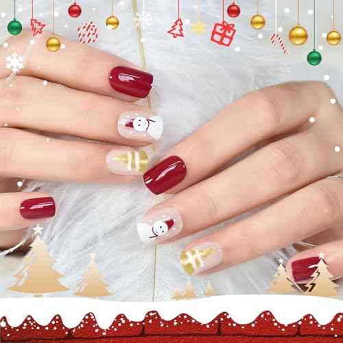 Christmas Snowman Press On Nails with Pre-design Golden Glitter Tree Short Squoval False Nail Art Tips Salon DIY Reusable Acrylic Manicure Gifts Stick On Fake Nails for Women Girls