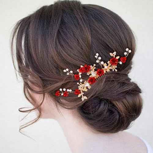 Foyte Crystal Flower Wedding Hair Comb Red Rose Headpiece Gold Hair Piece Bride Pearl Hair Accessories for Women