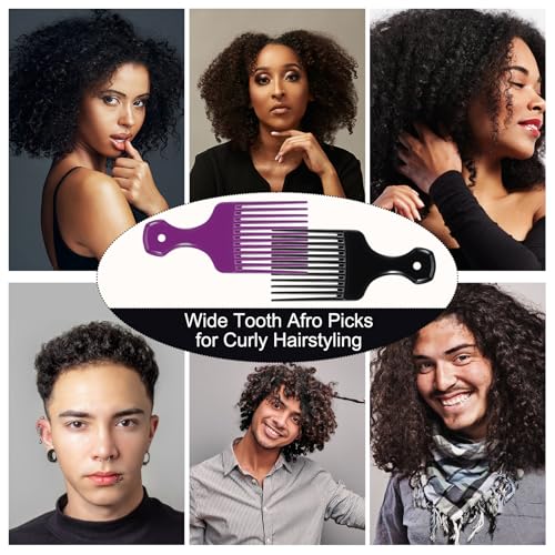 SIMPOR 2 Pcs Hair Pick Comb Wide Tooth Lift for Hair Styling Detangling Plastic Afro Pick for Women Men (Purple, Black)