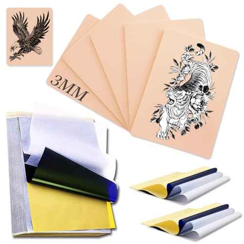 3MM Tattoo Fake Skin with Transfer Paper - Rayyl 16Pcs Tattoo Practice Skin with Transfer Paper, 6Pcs Tattoo Fake Skin 3MM Thick with 10Pcs Transfer Paper for Beginners & Artists Tattoo Supplies