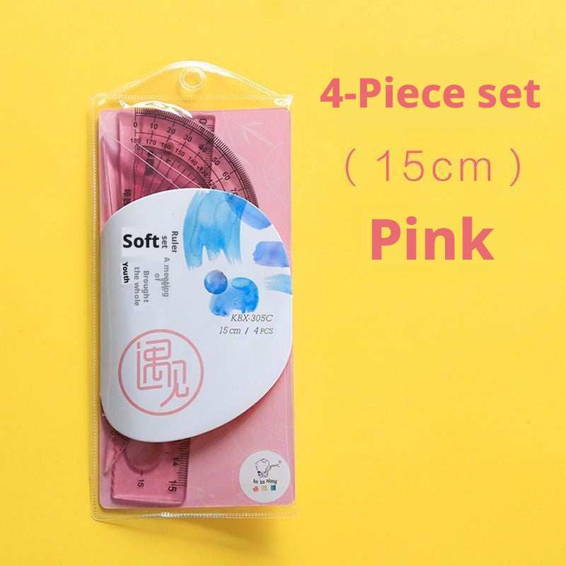 Kids Cartoon Soft Ruler Set - 15cm, 4-Piece Pink Classroom Supplies