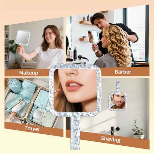 Famihomii Handheld Mirror with 1X/7X Magnification, Dual-Sided Magnification Hand Mirror, Hand Mirror with Handle, 5.1" x 6.1", Lightweight & Durable, Portable & Hangable for Makeup, Shaving - Clear