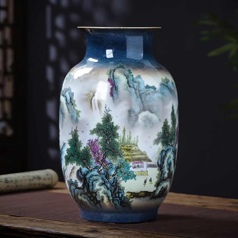Chinese-Style Pastel Ceramic Vase with Floral & Landscape Designs