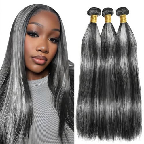 Straight Bundles P1B/Grey Human Hair Bundles 16 18 20 Inch Human Hair 3 Bundles Unprocessed Brazilian Virgin Quick Weave Human Hair Extensions For Black Women