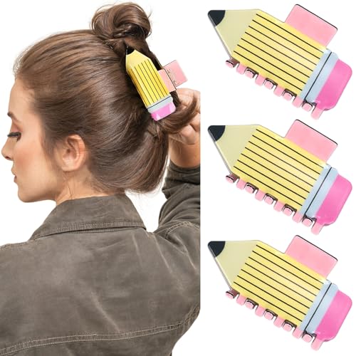 3Pcs Pencil Hair Claw Clips Funny Teacher Hair Clips Cute Back To School Accessories for Teachers Appreaction Present (Yellow)