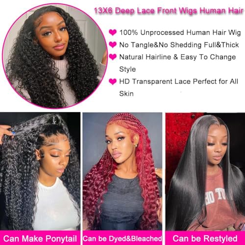 Water Wave 13x6 HD Transparent Lace Front Wigs Human Hair Pre Plucked Deep Wave Glueless Wigs Human Hair 180% Denisty Lace Frontal Wigs Human Hair for Women Natural Black Color 22 Inch